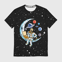 Футболка мужская Skeleton astronaut eats pizza while sitting on the, цвет: 3D-принт