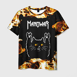 Футболка мужская Manowar рок кот и огонь, цвет: 3D-принт