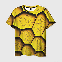 Футболка мужская Желтые шестиугольники с трещинами - объемная текст, цвет: 3D-принт