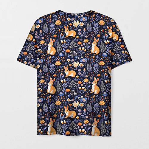 Мужская футболка Оранжевые зайчики в траве на синем фоне / 3D-принт – фото 2