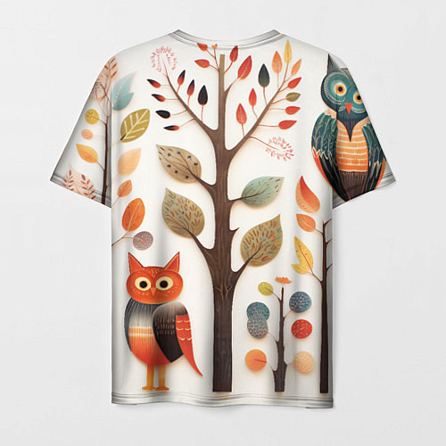 Мужская футболка Совы в осеннем лесу в стиле фолк-арт / 3D-принт – фото 2