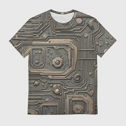 Мужская футболка Металлическая ржавая обшивка с микросхемами и гайк