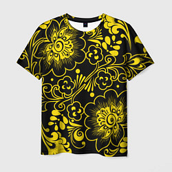 Футболка мужская Хохломская роспись золотые цветы на чёроном фоне, цвет: 3D-принт