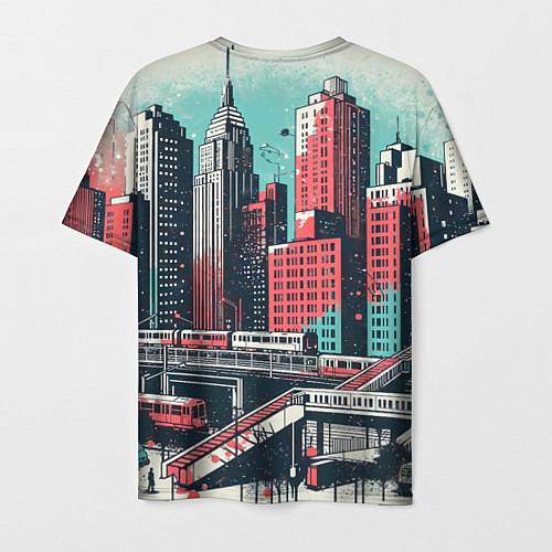 Мужская футболка Силуэты небоскребов в брызгах красной и голубой кр / 3D-принт – фото 2