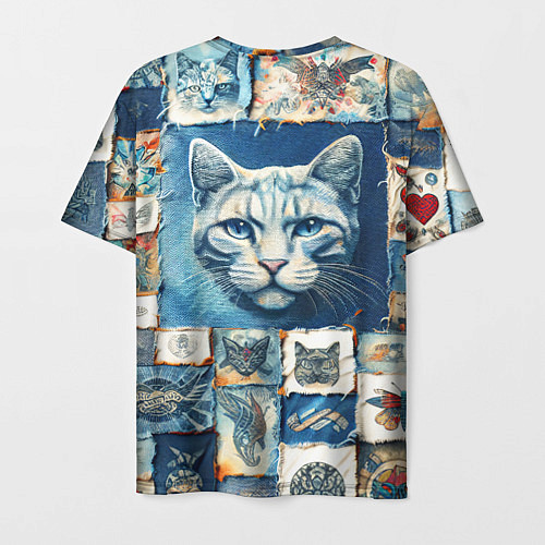 Мужская футболка Кошка на дениме - пэчворк / 3D-принт – фото 2