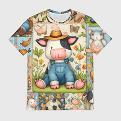 Футболка мужская Прикольный телёнок и его друзья - пэчворк, цвет: 3D-принт