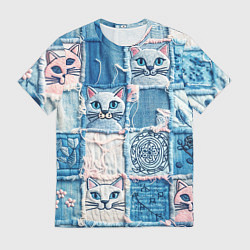 Мужская футболка Кошки на пэчворк джинсах паттерн