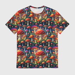Мужская футболка Красные мухоморы в лесу паттерн
