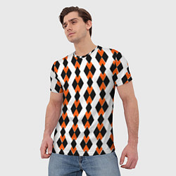 Футболка мужская Чёрные и оранжевые ромбы на белом фоне, цвет: 3D-принт — фото 2