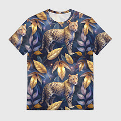 Мужская футболка Леопард с золотыми листьями паттерны