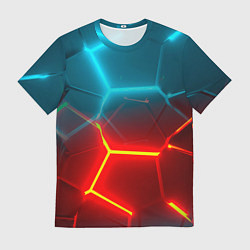 Мужская футболка Голубые и красные неоновые плиты в разломе