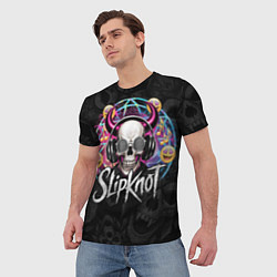 Футболка мужская Slipknot на фоне черепа демона с рогами в очках, цвет: 3D-принт — фото 2