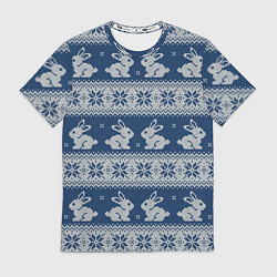 Мужская футболка Вязаный зимний узор с милыми зайчатами