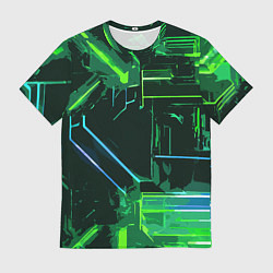 Мужская футболка Зелёно-голубые полосы на чёрном фоне