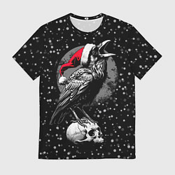 Футболка мужская Кричащий ворон в шапке Санты, цвет: 3D-принт