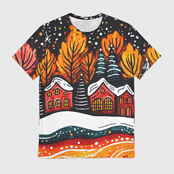 Мужская футболка Новогоднее настроение - домики и елки