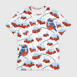 Мужская футболка Снегири в шапочках на рябине