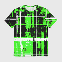 Мужская футболка Зелёно-белый гранж на чёрном фоне