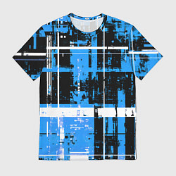 Мужская футболка Сине-белый гранж на чёрном фоне