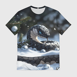 Футболка мужская Новогодняя черная змея с голубыми глазами, цвет: 3D-принт