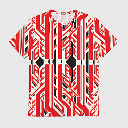 Мужская футболка Бело-красные техно полосы на чёрном фоне