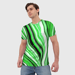 Футболка мужская Волнистые вертикальные чёрно-зелёные полосы, цвет: 3D-принт — фото 2
