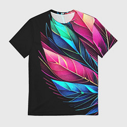 Мужская футболка Букет из цветных перьев - неон