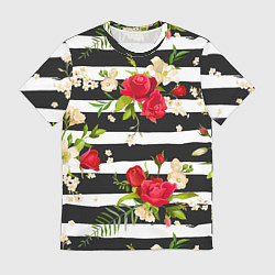 Футболка мужская Красные розы на черных полосках, цвет: 3D-принт