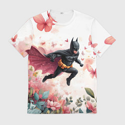 Футболка мужская Бэтмен прыгает над цветами и бабочками, цвет: 3D-принт