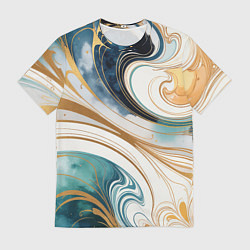 Мужская футболка Аквамарин и оранж узор с завитками