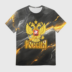 Футболка мужская Россия черно-желтый фон, цвет: 3D-принт