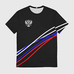 Мужская футболка Герб и полосы цветов флага на чёрном