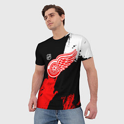 Футболка мужская Детройт Ред Уингз - брызги краска на черном фоне, цвет: 3D-принт — фото 2