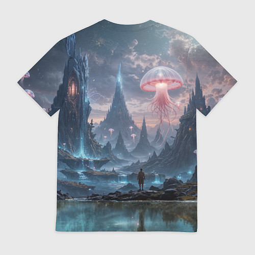 Мужская футболка Фантастический мир с медузами и озеро у гор / 3D-принт – фото 2