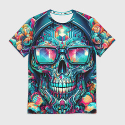 Футболка мужская Кибер череп в балахоне и очках - нейроарт фантазия, цвет: 3D-принт