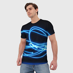 Футболка мужская Неоновые голубые волны на черном фоне, цвет: 3D-принт — фото 2
