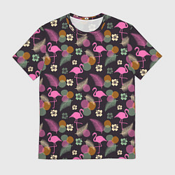 Мужская футболка Фламинго и листья на темно-синем