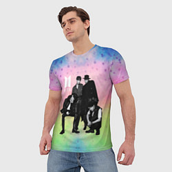 Футболка мужская BTS черно-белый стиль на радужном фоне, цвет: 3D-принт — фото 2