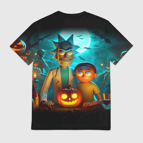 Мужская футболка Morty and Rick with pumpkin - neon halloween / 3D-принт – фото 2