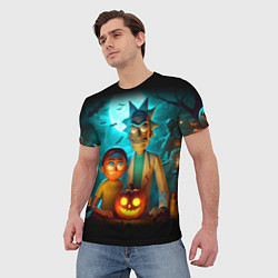 Футболка мужская Morty and Rick with pumpkin - neon halloween, цвет: 3D-принт — фото 2