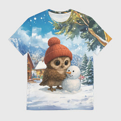 Футболка мужская Совушка в шапочке лепит снеговика, цвет: 3D-принт
