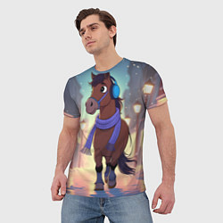 Футболка мужская Лошадка в шарфе и наушниках, цвет: 3D-принт — фото 2