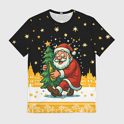Мужская футболка Пьяный Санта с елкой и шампанским