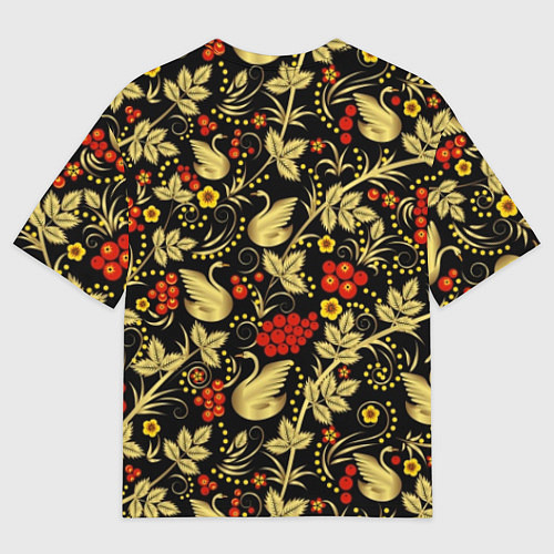 Мужская футболка оверсайз Хохлома золотые лебеди / 3D-принт – фото 2