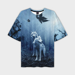 Мужская футболка оверсайз Волки в тёмном лесу