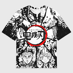 Мужская футболка оверсайз Kimetsu no yaiba чернобелый аниме коллаж