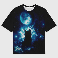 Мужская футболка оверсайз Кот силуэт луна ночь звезды