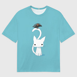 Футболка оверсайз мужская Белый котик и воробушек, цвет: 3D-принт