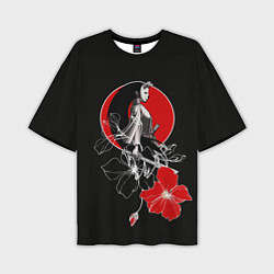 Мужская футболка оверсайз Девушка-кошка-самурай