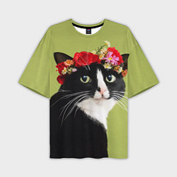 Мужская футболка оверсайз Кот и цветы